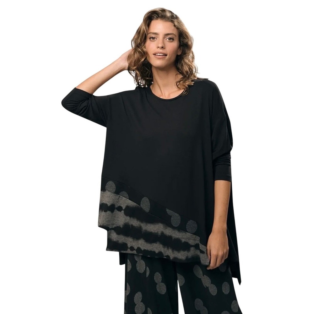 Alembika Dream Trapeze Tunic Top Asymmetric Polka Dot‎ Tie Dye Black Gray XS 6-8